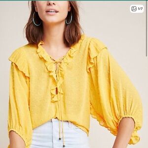 Anthropologie Yellow Haida Ruffle Swiss Dot Blouse Top